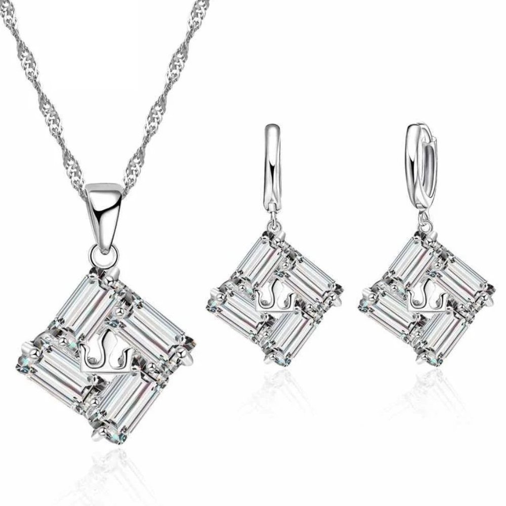 💎 NEW ❤️ 925 Sterling Silver Earrings And Necklace Set Square Shape Drop Cute